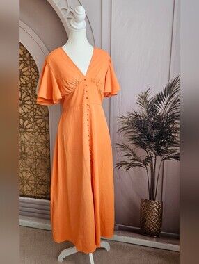 SHEIN Orange V-Neck Button-Front Maxi Dress with Flutter Sleeves